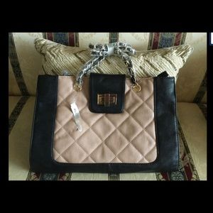 Aldo QUILTED Satchel HANDBAG Shoulder BAG Black/Tan Two Tone
